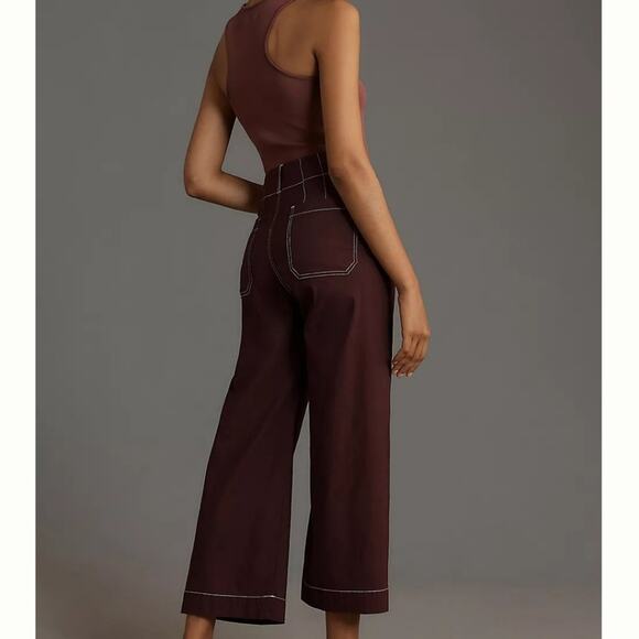 Anthropologie The Colette Merrick White Contrast-Stitch Cropped Wide-Leg Pants - Picture 2 of 4